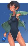  1girl black_eyes black_hair bottle breasts cameltoe clenched_teeth competition_swimsuit cowboy_shot green_jacket jacket kuronami_(lvi) looking_at_viewer lvi one-piece_swimsuit one-piece_tan open_clothes open_jacket original short_hair small_breasts solo swimsuit tan tanlines teeth 