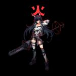  1girl animal_ear_fluff animal_ears ankle_boots arknights arm_up belt belt_pouch black_background black_gloves black_hair black_skirt blood blood_on_face blood_on_weapon blue_eyes boots breasts brown_footwear cat_ears chainsaw fingerless_gloves gloves grey_legwear hairband holding holding_weapon jacket large_breasts leg_strap long_hair long_sleeves looking_at_viewer lowres miniskirt mizorehi open_clothes open_jacket pixel_art pouch red_hairband shirt single_thighhigh skirt solo standing thighhighs two-tone_background very_long_hair weapon white_jacket white_shirt 