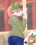  &gt;_&lt; 1girl :d ass bangs blue_eyes blue_pants blurry blurry_background blush breath closed_eyes closed_mouth commentary_request denim depth_of_field eyebrows_behind_hair flying_sweatdrops go-toubun_no_hanayome green_hoodie green_ribbon hair_ribbon highres hood hood_down hoodie jeans kujou_karasuma looking_at_viewer looking_back nakano_yotsuba orange_hair pants ribbon signature smile sneezing spoken_clothes 