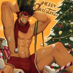  1boy abs arms_up bandaid bandaid_on_cheek bara blush bulge christmas christmas_tree dark-skinned_male dark_skin f_jun feet_out_of_frame grin headband highres long_sideburns looking_at_viewer male_focus mature_male merry_christmas muscular muscular_male navel navel_hair nipples original scar scar_on_face scar_on_nose short_hair sideburns sitting smile snow solo spiked_hair spread_legs stomach thick_thighs thighs topless_male 