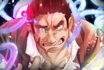  1boy anger_vein angry berserker_rage close-up facial_hair fighting_stance glowing gunzo_(housamo) highres kidomh63 male_focus muscular muscular_male pectorals solo spirit tearing_up teeth tentacles thick_eyebrows tokyo_afterschool_summoners 