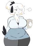  2021 :&lt; anthro big_breasts biped black_claws black_ears black_tail blue_clothing blue_dress bottomwear breasts breath canid canine canis claws clothed clothing coffee_mug digital_media_(artwork) domestic_dog dress eyewear female floppy_ears front_view fur glasses grey_bottomwear grey_clothing grey_topwear grumpy hair half-closed_eyes hand_behind_back hi_res holding_coffee_mug huge_breasts kemono mammal multicolored_hair narrowed_eyes one_eye_obstructed ponytail portrait puppychan puppychan48 secretary shaded simple_background simple_shading solo standing three-quarter_portrait topwear two_tone_hair white_background white_body white_fur white_hair wide_hips 