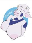  absurd_res anthro big_breasts blue_body blue_eyes blue_fur bovid bovine breasts bust_portrait cattle female fur hi_res hooves lactaid lactaid_cow mammal mascot nipples pink_nose portrait smug solo unonyx white_body 
