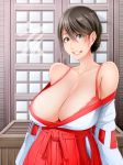  1girl aqua_eyes aratama_(a-tama) bare_shoulders black_hair bra breasts cleavage japanese_clothes large_breasts looking_at_viewer miko off_shoulder original parted_lips red_bra short_hair smile solo standing teeth underwear upper_body 