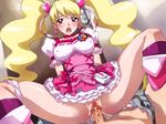  1girl blonde_hair censored cum cum_in_pussy cum_inside cure_peach dress fresh_precure! fresh_pretty_cure! momozono_love open_mouth panties panties_around_leg panties_around_one_leg precure pretty_cure red_eyes same sex twintails underwear vaginal 