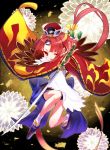  1girl ;o apron benienma_(fate/grand_order) eyes_visible_through_hair fate/grand_order fate_(series) feathers flower geta glint green322 hat holding holding_sword holding_weapon japanese_clothes katana long_sleeves looking_at_viewer mini_hat one_eye_closed open_mouth ponytail red_eyes red_hair solo sparkle sword tabi teeth v-shaped_eyebrows weapon white_apron wide_sleeves 