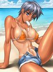  abs bang-you bikini bikini_top blue_eyes breasts covered_nipples denim denim_shorts food futanari large_breasts melting original penis popsicle short_hair short_shorts shorts silver_hair solo swimsuit tan third-party_edit 