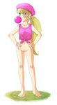  1girl barefoot belly_button beret blonde_hair bottomless bubblegum dixie_kong donkey_kong_(series) donkey_kong_country earrings feet green_eyes hat jewelry navel nintendo outdoors outside oyatsu oyatsu_(mk2) personification ponytail pussy shirt solo tank_top tanktop tied_shirt toes 