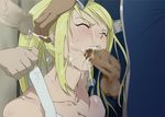  blonde_hair bukkake censored cum cum_in_mouth eyes_closed facial fellatio fullmetal_alchemist ice-place ice_place oral rape winry_rockbell 