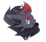  bright_pupils commentary_request fang full_body green_eyes looking_at_viewer nakamura_sandayo no_humans open_mouth pokemon pokemon_(creature) solo standing white_background white_pupils zorua 
