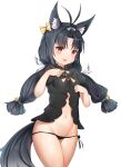  1girl ahoge animal_ear_fluff animal_ears azur_lane bangs bell black_blouse black_hair black_panties blouse blush bow cat_ears cat_girl cat_tail cowboy_shot gala_(16901040) green_bow hair_bell hair_bow hair_ornament hands_up highres long_hair looking_at_viewer lowleg lowleg_panties monochrome_background navel panties parted_lips paw_pose red_eyes short_sleeves side-tie_panties simple_background solo tail teeth twintails underwear upper_teeth white_background yellow_bow yuubari_(azur_lane) 