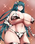  1girl absurdres alternate_breast_size alternate_costume animal_ears animal_print bikini breasts cleopatra_(fate) cow_print cowboy_shot elbow_gloves facial_mark fake_animal_ears fate/grand_order fate_(series) gigantic_breasts gloves green_eyes green_hair hairband highres long_hair megao_3rd navel print_bikini print_gloves print_legwear solo standing swimsuit thighhighs very_long_hair 