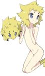  1other bangs blonde_hair clenched_hands closed_mouth collarbone commentary_request creature_and_personification grey_eyes hands_up joltik looking_back medium_hair nakamura_sandayo navel nude personification pokemon simple_background smile socks white_background yellow_legwear 
