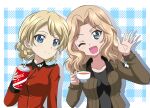  2girls ;d bangs black_shirt blonde_hair blue_background blue_eyes braid brown_jacket closed_mouth cola commentary cup darjeeling_(girls_und_panzer) disposable_cup drinking_straw emblem english_text girls_und_panzer hair_intakes hanzou holding holding_cup insignia jacket kay_(girls_und_panzer) leaning_to_the_side long_sleeves looking_at_viewer medium_hair military military_uniform multiple_girls one_eye_closed open_clothes open_jacket open_mouth plaid plaid_background red_jacket saunders_military_uniform shadow shirt short_hair side-by-side smile st._gloriana&#039;s_military_uniform star_(symbol) tea teacup tied_hair twin_braids uniform waving 