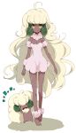  1girl ahoge bangs barefoot blonde_hair blush breasts cleavage collar commentary_request creature_and_personification dark-skinned_female dark_skin dress eyebrows_visible_through_hair full_body fur_collar long_hair looking_at_viewer nakamura_sandayo parted_lips personification pink_collar pink_dress pokemon pokemon_(creature) standing toes whimsicott yellow_eyes 