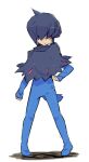 1other bangs black_capelet black_hair blue_jumpsuit capelet closed_mouth commentary_request cowlick deino_(pokemon) frown hair_over_eyes jumpsuit legs_apart long_bangs long_sleeves nakamura_sandayo personification pigeon-toed pokemon short_hair solo standing 
