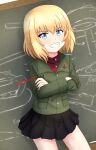  1girl bangs black_skirt blonde_hair blue_eyes bob_cut chalkboard commentary cowboy_shot crossed_arms eyebrows_visible_through_hair girls_und_panzer green_jacket grin highres jacket katyusha_(girls_und_panzer) long_sleeves looking_at_viewer miniskirt pleated_skirt pravda_school_uniform red_shirt redbaron school_uniform shirt short_hair skirt smile solo standing turtleneck twitter_username 