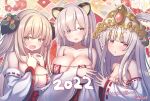  3girls bare_shoulders blush bra breast_hold breast_suppress breasts breasts_outside cleavage collarbone highres huge_breasts japanese_clothes kimono large_breasts long_hair looking_at_viewer miko multiple_girls new_year original small_breasts underwear yako 