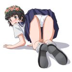  1girl all_fours ass bangs black_footwear blouse blue_sailor_collar blue_skirt blush brown_eyes brown_hair commentary_request commission crotch_seam eyebrows_visible_through_hair from_behind head_wreath lielos looking_at_viewer looking_back medium_skirt open_mouth panties partial_commentary pixiv_request pleated_skirt sailor_collar school_uniform serafuku shadow shoes short_hair short_sleeves simple_background skirt smile socks solo sweatdrop toaru_majutsu_no_index uiharu_kazari underwear white_background white_blouse white_legwear white_panties 