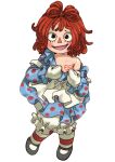  1girl black_eyes blue_dress blush bow_by_hair character_doll doll dress english_text heart jcm2 looking_at_viewer open_mouth raggedy_ann raggedy_ann_(series) red_hair short_hair simple_background solo standing striped striped_legwear stuffed_toy white_background 