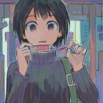  1girl black_sweater brown_eyes brown_hair commentary dropping food holding holding_food long_sleeves muji_(uimss) original parted_lips ribbed_sweater short_hair shoulder_strap solo sweater turtleneck turtleneck_sweater unwrapping upper_body 
