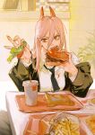  1girl argentum_1121 burger chainsaw_man crosshair_pupils demon_girl eating food highres horns image_sample jacket lettuce necktie open_mouth power_(chainsaw_man) sleeves_past_wrists solo teeth tomato twitter_sample twitter_username 