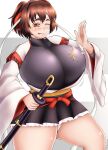  1girl blush breasts brown_eyes brown_hair curvy hair_ribbon huge_breasts ise_(kancolle) japanese_clothes kantai_collection mee_don one_eye_closed plump ponytail ribbon short_hair skin_tight skirt smile sword thick_thighs thighs weapon 