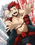  2boys abs armband artist_name bare_pectorals belt black_pants boku_no_hero_academia carrying costume eye_mask headgear highres holding_person kirishima_eijirou kuroshinki looking_at_viewer male_focus multicolored_background multiple_boys muscular muscular_male outstretched_arms pants pectorals piggyback red_eyes red_hair riding short_hair silver_hair spiked_hair spread_fingers tetsutetsu_tetsutetsu twitter_username 