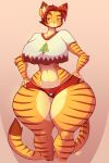  absurd_res anthro bottomwear christmas christmas_tree clothing domestic_cat eyebrows felid feline felis female hands_on_hips hi_res holidays hotpants jaeh looking_at_viewer loree mammal plant raised_eyebrow shorts solo thick_thighs tree wide_hips 