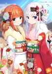  2girls blue_eyes blush flower fur-trimmed_kimono fur_trim furisode green_eyes hair_flower hair_ornament highres japanese_clothes kimono long_sleeves looking_at_viewer multiple_girls obi original red_hair sash short_hair tsuseki white_hair wide_sleeves 