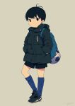  1boy backpack bag black_eyes black_hair blue_legwear child closed_mouth commentary_request down_jacket hand_in_pocket jacket looking_at_viewer male_focus noeyebrow_(mauve) original shoes shorts simple_background sneakers soccer solo 