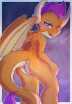  2022 absurd_res anthro anus bodily_fluids butt digital_media_(artwork) dragon fanch1 female fingers friendship_is_magic genital_fluids genitals hasbro hi_res looking_at_viewer my_little_pony nude pussy pussy_juice smolder_(mlp) solo wings 
