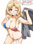  1girl american_flag_bikini bikini blazer blonde_hair blue_eyes breasts butt_crack cleavage commentary_request english_text flag_print girls_und_panzer grey_jacket grin hair_intakes hand_on_hip holding holding_clothes holding_jacket jacket kay_(girls_und_panzer) large_breasts long_hair looking_at_viewer navel one_eye_closed oosaka_kanagawa partial_commentary side-tie_bikini simple_background skindentation smile solo standing swimsuit thighhighs white_background white_legwear 