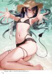  1girl absurdres bangs barefoot black_hair collarbone demon_tail flat_chest hat highres looking_at_viewer lying mignon navel on_back original outstretched_arms parted_lips pointy_ears purple_eyes scan shiny shiny_skin solo stomach straw_hat swimsuit tail thighs toes water yoru-chan_(mignon) 