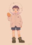  1boy bandaid bandaid_on_knee bare_legs blue_eyes boots child coat commentary_request gloves looking_at_viewer male_focus noeyebrow_(mauve) open_mouth original shorts socks solo 