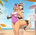  2021 5_fingers anthro beach breasts canid canine clothed clothing day detailed_background digital_media_(artwork) equid equine female fingers heatynn hi_res horse mammal outside sand seaside shoreline sky smile tenynn water 