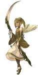  1boy androgynous angel_wings bad_id bad_pixiv_id bare_shoulders black_legwear blonde_hair blue_eyes bob_cut clothing_cutout detached_sleeves elona expressionless eyebrows_visible_through_hair feathered_wings full_body green_footwear green_headwear harusame_(rueken) hat holding holding_scythe jester_cap kumiromi_of_harvest long_skirt long_sleeves looking_at_viewer male_focus otoko_no_ko pantyhose parted_lips plant pointy_footwear scythe short_hair simple_background skirt solo standing tachi-e turtleneck white_background white_skirt white_wings wide_sleeves wings 