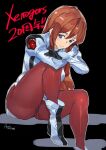  1girl ashiomi_masato blue_eyes blush breasts brown_hair closed_mouth elhaym_van_houten gloves long_hair looking_at_viewer panties panties_under_pantyhose pantyhose simple_background sitting smile solo underwear uniform very_long_hair xenogears 