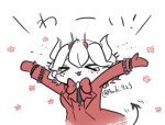  &gt;w&lt; 1girl arms_up azuki_723 beelzebub_(helltaker) black_tail chibi demon_girl demon_horns demon_tail flower gloves helltaker horns jacket red_gloves red_jacket simple_background tail twitter_username upper_body white_background 