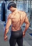  1boy absurdres ass back bangs bare_back biceps black_hair blurry blurry_background ceo_and_bodyguard from_behind highres indoors male_focus muscular muscular_male original pants punching_bag robocap scar scar_on_arm scar_on_back short_hair solo sweat taut_clothes taut_pants topless topless_male 
