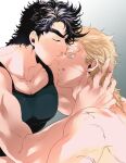  2boys battle_tendency black_hair caesar_anthonio_zeppeli closed_eyes facial_mark headband jojo_no_kimyou_na_bouken joseph_joestar joseph_joestar_(young) kiss kissing_nose male_focus multiple_boys muscular muscular_male s_gentian scar scar_on_face tank_top thick_eyebrows topless_male yaoi 