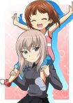  2girls :d bangs black_skirt blue_eyes blue_shorts brown_hair carrying closed_eyes closed_mouth commentary_request dress_shirt eyebrows_visible_through_hair girls_und_panzer grey_shirt hanzou highres itsumi_erika kuromorimine_school_uniform long_sleeves looking_at_viewer medium_hair multiple_girls nishizumi_miho no_socks open_mouth outstretched_arms pink_shirt pleated_skirt red_footwear school_uniform shirt shoes short_hair shorts shoulder_carry silhouette silver_hair skirt smile sneakers sparkle spread_arms sweatdrop tank_top wing_collar younger 
