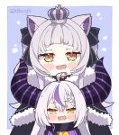  2girls :d animal_ears blush blush_stickers cat_ears cat_girl chibi commentary demon_girl demon_horns english_commentary eyebrows_visible_through_hair height_difference hololive horns kukie-nyan la+_darknesss looking_at_viewer multiple_girls murasaki_shion silver_hair smile smirk smug twitter_username virtual_youtuber 