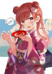  1girl :d alcohol bangs blurry blurry_background blush cup double_bun eyebrows_visible_through_hair facepaint fang flower hair_flower hair_ornament highres holding holding_cup japanese_clothes kimono long_hair looking_at_viewer monoto nail_polish navel obi original outside_border pink_eyes pink_flower pink_kimono red_hair sakazuki sake sash skin_fang smile solo speech_bubble upper_body v-shaped_eyebrows yellow_nails yukata 