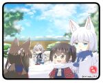  4girls amagi-chan_(azur_lane) amagi_(azur_lane) animal_ears artist_logo artist_name azur_lane blue_eyes blue_mittens blush brown_eyes brown_hair closed_mouth crossover day eyebrows_visible_through_hair fox_ears fox_tail fringe_trim grey_eyes grey_hair hair_between_eyes japanese_clothes kaga_(azur_lane) kaga_(kancolle) kantai_collection long_hair long_sleeves mittens multiple_girls multiple_tails namesake open_mouth scarf short_hair side_ponytail smile snow tail taisa_(kari) tosa_(azur_lane) twitter_username white_hair white_scarf white_tail wide_sleeves 