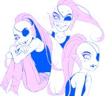  blush bottomwear clothing ear_fins female fin hair hi_res humanoid monochrome ouse pants ponytail pupils sharp_teeth shirt simple_background sitting slit_pupils smile solo tank_top teeth topwear undertale_(series) undyne white_background 