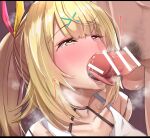  1boy 1girl bangs bar_censor blonde_hair blush censored collarbone erection fellatio hair_ornament hairclip heart heart-shaped_pupils hetero highres hoshikawa_sara licking male_pubic_hair nijisanji open_mouth oral penis ponytail precum pubic_hair shiratori_serano solo_focus symbol-shaped_pupils testicles tongue tongue_out virtual_youtuber 