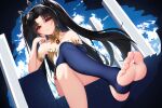  1girl :3 amulet armlet bare_shoulders black_hair closed_mouth crossed_legs damao_yu earrings elbow_gloves elbow_rest eyebrows_visible_through_hair fate/grand_order fate_(series) feet foot_focus gloves gold gold_earrings highres ishtar_(fate) jewelry legs long_hair looking_at_viewer neck_ring red_eyes single_elbow_glove single_thighhigh sitting soles solo thighhighs tiara toes two_side_up 