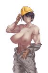  1girl absurdres bare_shoulders black_hair breasts brown_eyes brown_gloves cageman cowboy_shot dirty gloves grey_jumpsuit helmet highres jumpsuit large_breasts nipples original parted_lips short_hair simple_background solo topless white_background yellow_headwear 