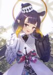  1girl bangs black_gloves blunt_bangs bow bowtie gloves halo hat highres hololive hololive_english long_hair looking_at_viewer mole mole_under_eye ninomae_ina&#039;nis pointy_ears purple_eyes purple_hair ranyu solo virtual_youtuber white_gloves 